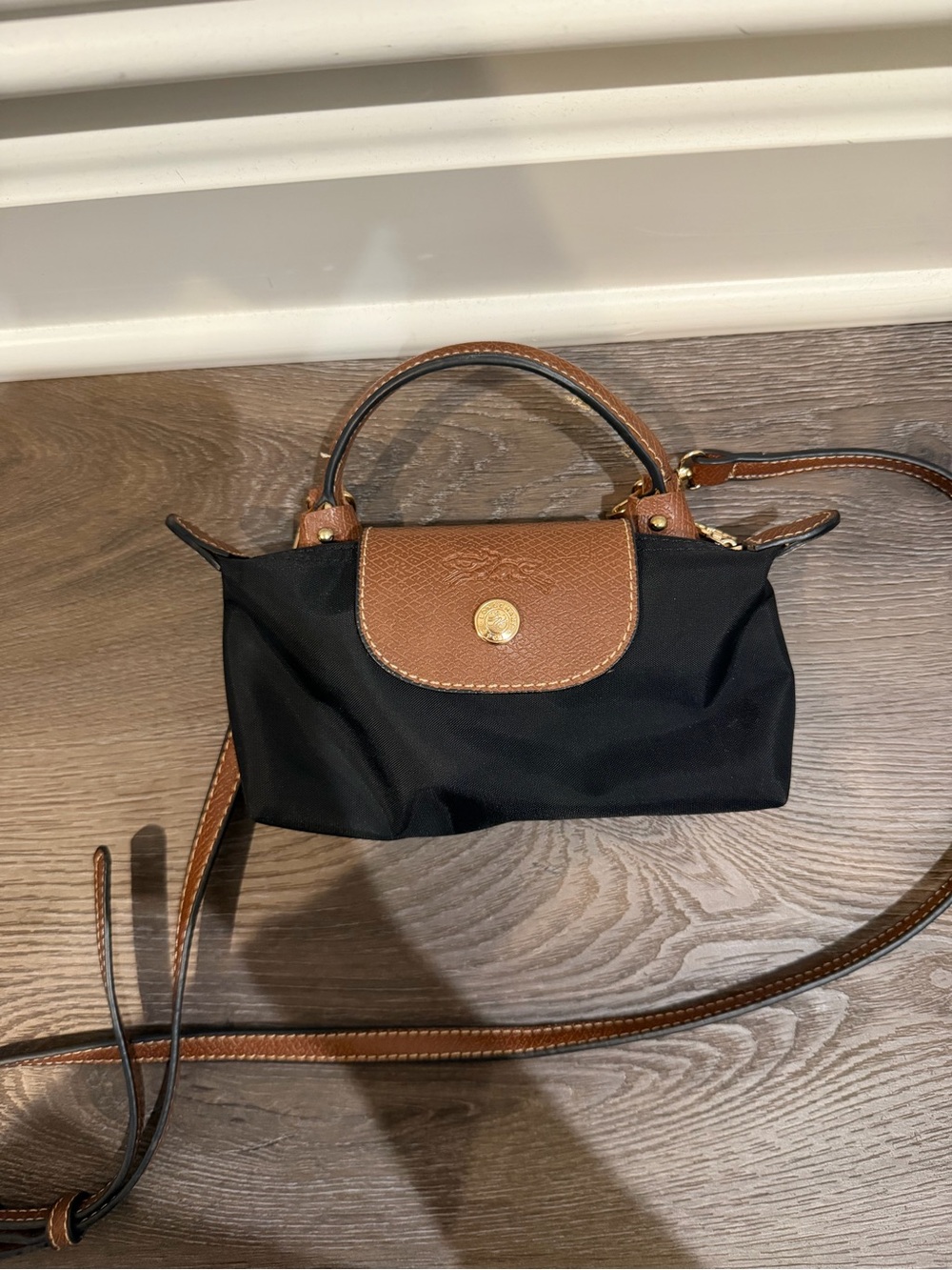 Longchamp Black Nylon Crossbody with Brown Leather Trim